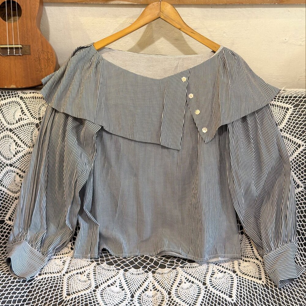 Black White Stripe Ruffle Oversized Blouse Top